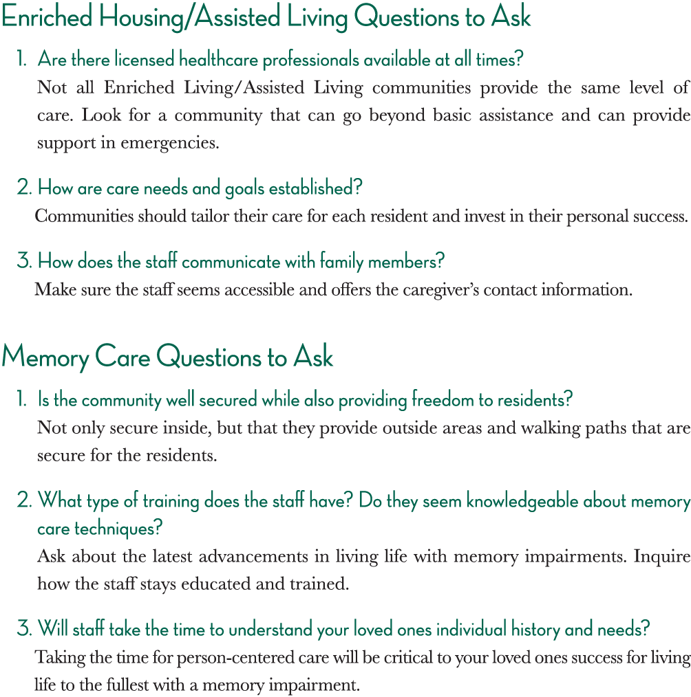 Enriched Housing Assisted Living Questions to Ask 1  Are there licensed healthcare professionals available at all tim   