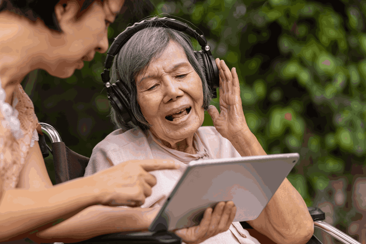 woman listening to podcast