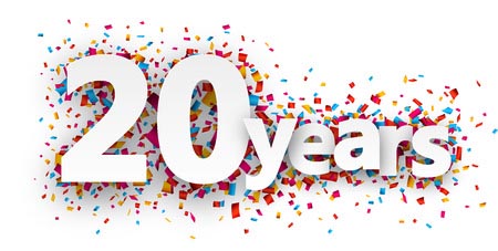 The words "20 years" with confetti behind it
