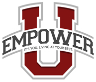 Logo for Empower University and red U with empower written over it and under empower it says "It's you. Living at your best."