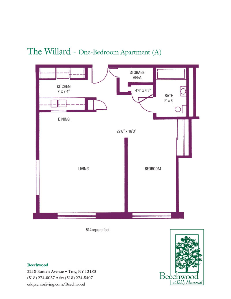 Floorplan for The Willard senior apartment at The Beechwood at Eddy Memorial retirement community