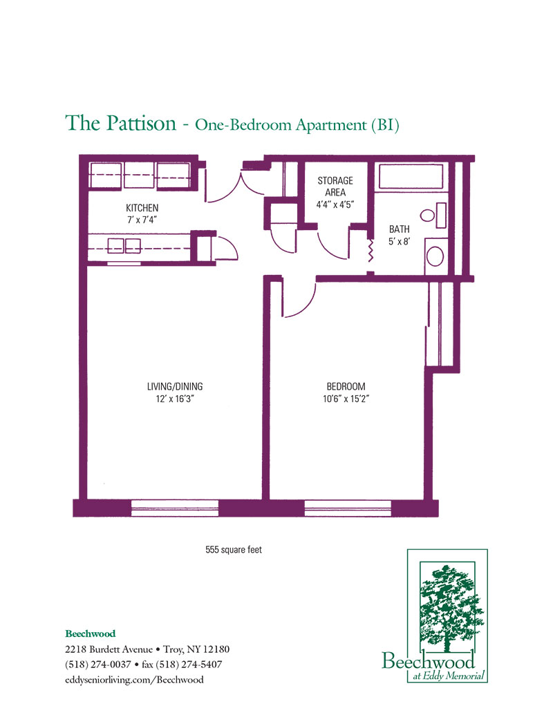 Floorplan for The Pattison senior apartment at The Beechwood at Eddy Memorial retirement community