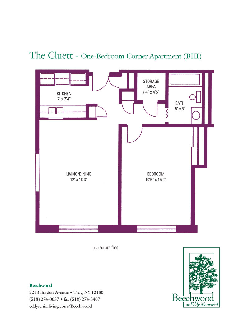 Floorplan for the Cluett BIII senior apartment at The Beechwood at Eddy Memorial retirement community