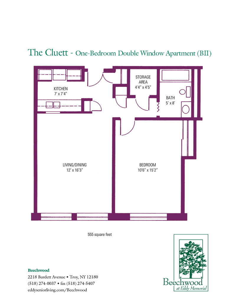 Floorplan for the Cluett BII senior apartment at The Beechwood at Eddy Memorial retirement community