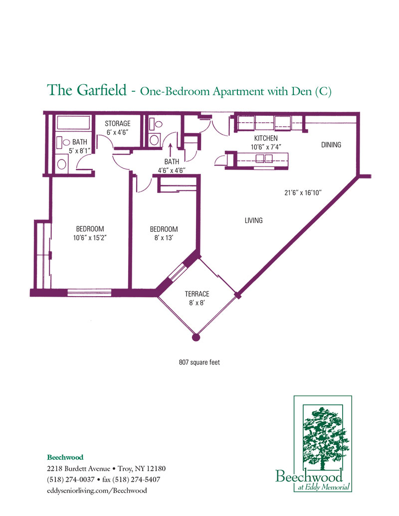 Floorplan for The Garfield senior apartment at The Beechwood at Eddy Memorial retirement community