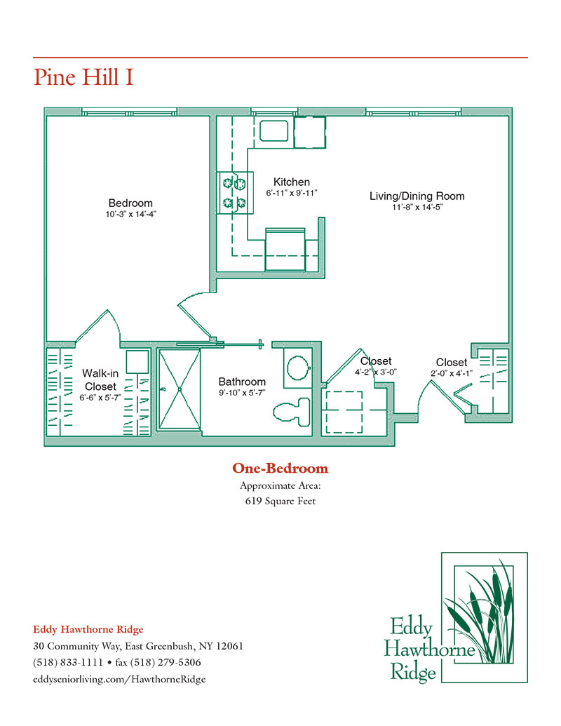 The floor plan for the Pine Hill I senior apartment at Eddy Hawthorne Ridge