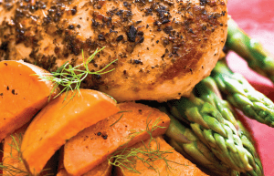 Chicken, asparagus, and carrots on a plate