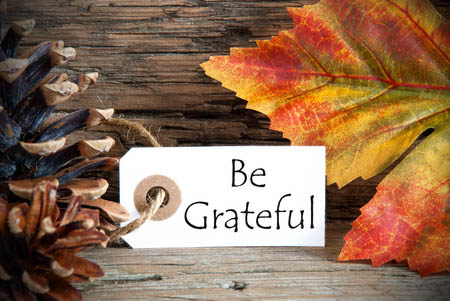 Paper that says Be Grateful with a pine cone and a leaf