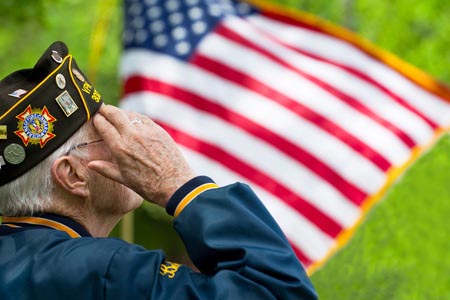 Veteran in front of a flag