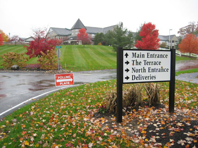 Senior center with a sign that says "Polling Place"