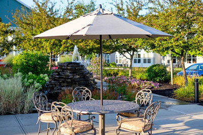 Outdoor patio with table and chairs